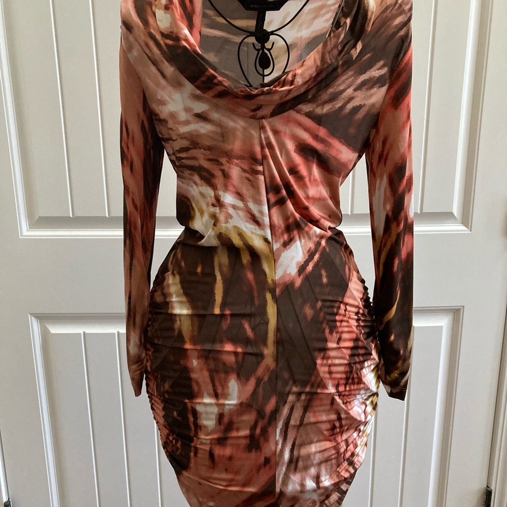 BCBG Max Azria Tie-Dye Cowl Neck Dress w/ Ruching
